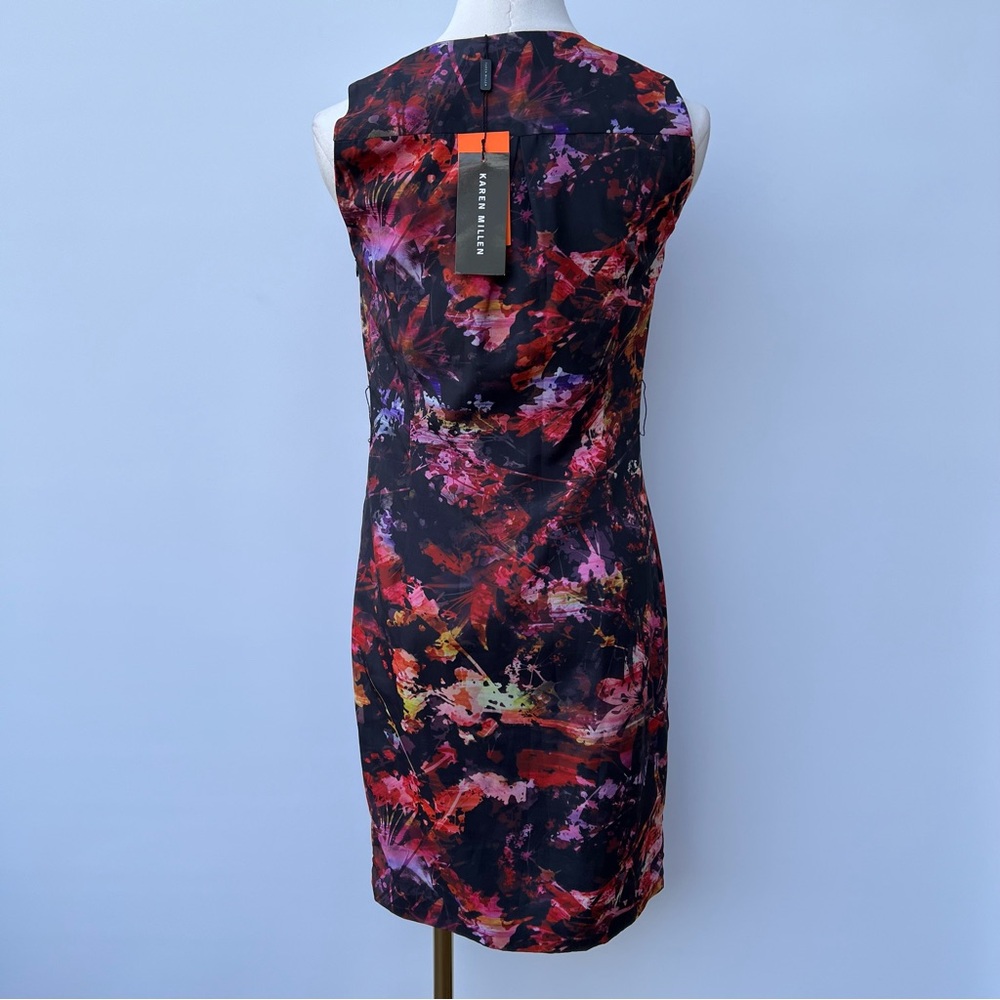 Karen Millen Modern Abstract Floral Ruffle Front V-Neck Slim Fit Party Dress - Picture 3 of 16